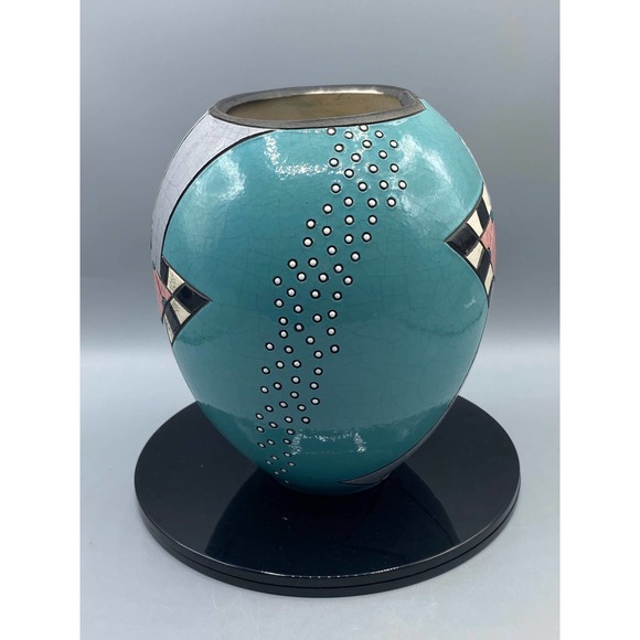 Andy Smith Raku Crackled Glaze Geometric Design Vase Art Deco Style Pottery - Picture 6 of 7